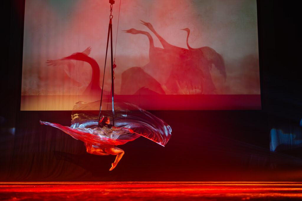 Soliści Akrobatycznego Teatru Tańca Mira - Art w czasie widowiska "Chełmoński. Dźwiękiem malowane"